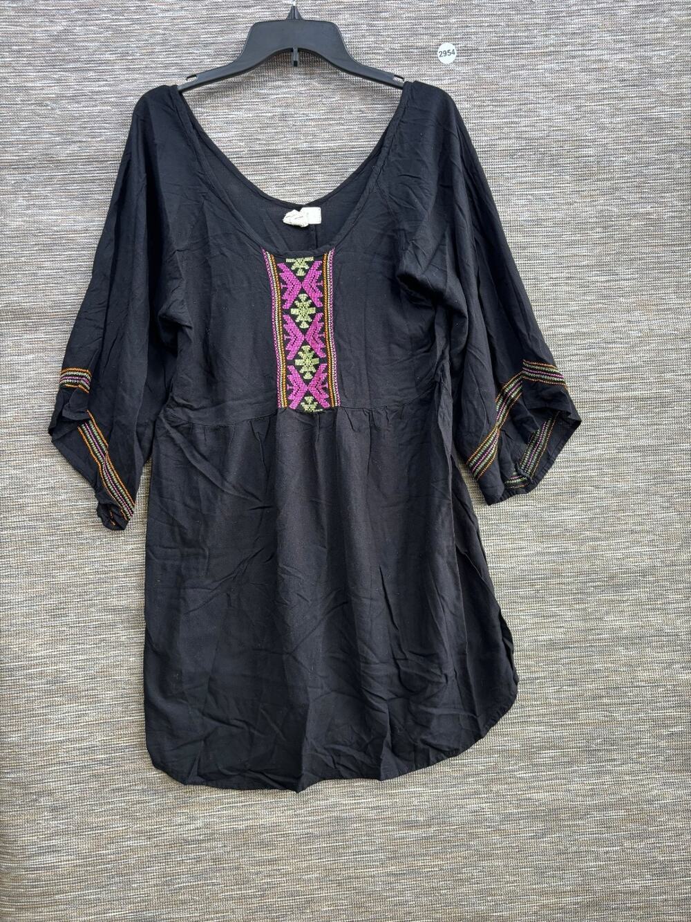 Exist Embroidered Shift Mini Dress Womens XL Black 3/4 Bell Sleeve Peasant Boho
